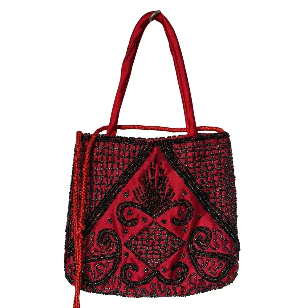 Vintage 90s Red Satin Hand Beaded Mini Handle Bag Crossbody Art Deco Elegant